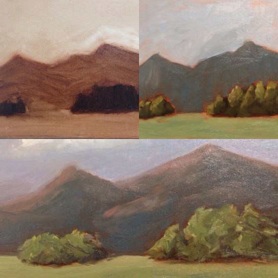 My painting progression - clockwise: start with a correct-value monochromatic wash, then  true colors are added, finally light patterns are added. 