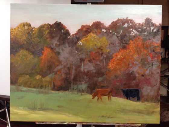 My nearly finished painting. Roger suggested a few changes - more light holes and tree trunks, highlights on the cows and softer edges around the tops of the trees.