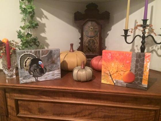The pair of commissioned fall paintings on display in Debbie's home!