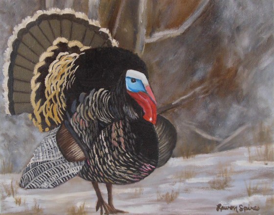 Turkey in the snow; 8x10 oil on canvas
