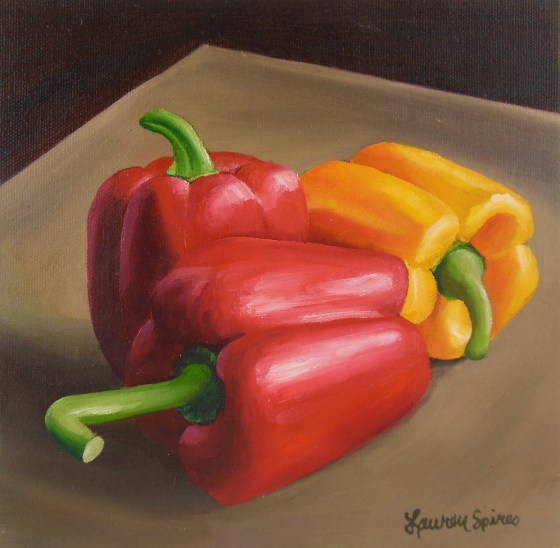 Bell pepper trio; 8x8 oil on canvas