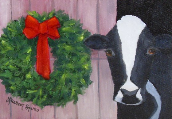 Moo-y Christmas; 5x7 oil on canvas
